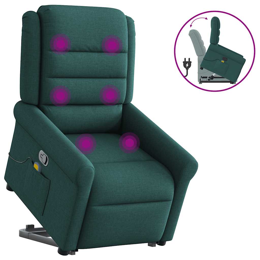 vidaXL Podnoszony fotel masujący, rozkładany, ciemnozielony, tkanina
