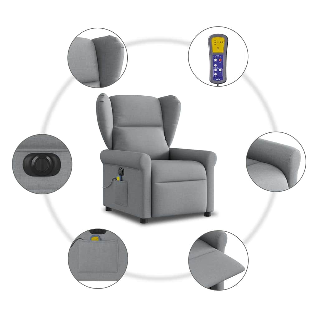 vidaXL Rozkładany fotel masujący, elektryczny, jasnoszary, tkanina