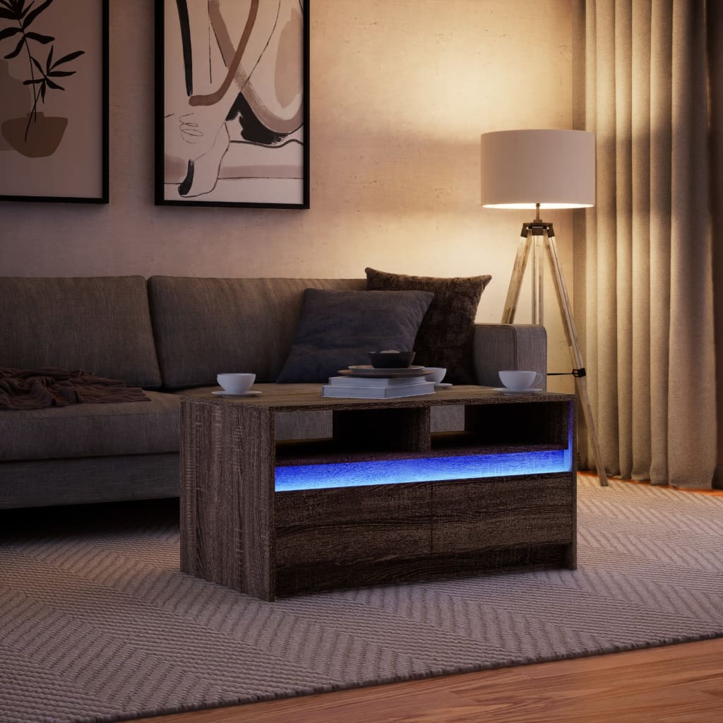 vidaXL Stolik kawowy z LED, brązowy dąb, materiał drewnopochodny