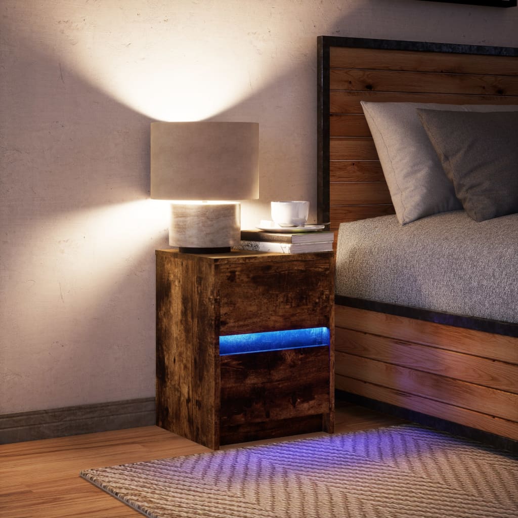vidaXL Szafka nocna z LED, przydymiony dąb, materiał drewnopochodny