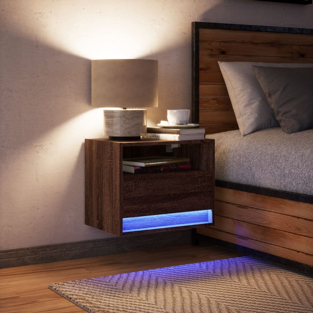 vidaXL Wisząca szafka nocna z podświetleniem LED, brązowy dąb