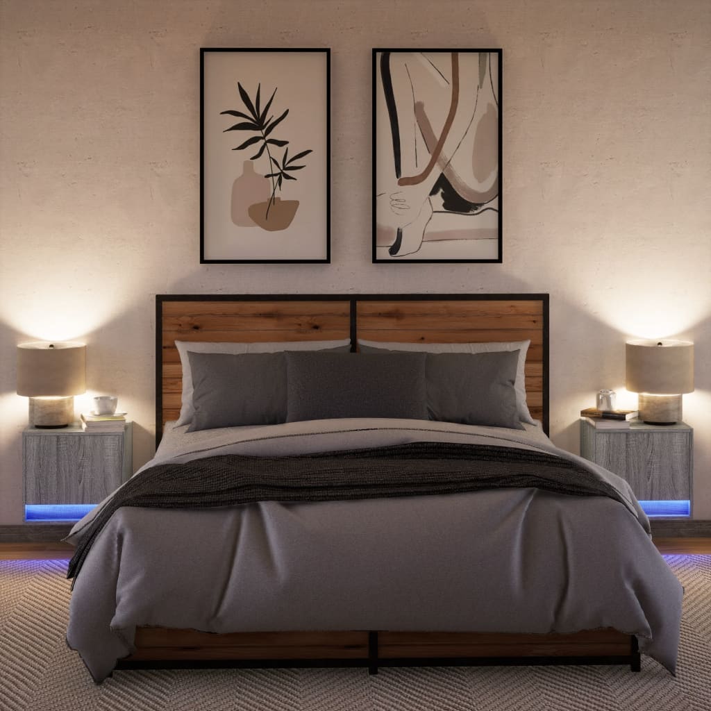 vidaXL Wiszące szafki nocne z LED, 2 szt., szary dąb sonoma