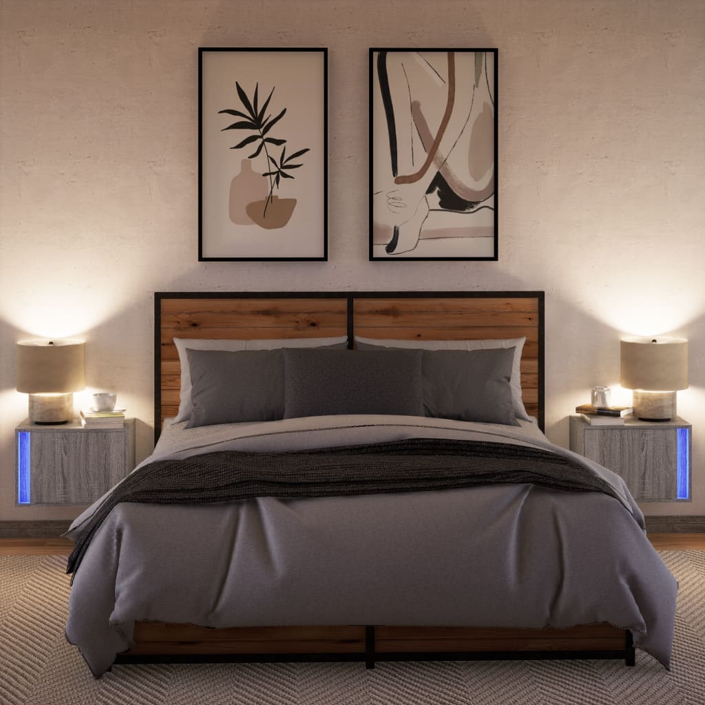 vidaXL Wiszące szafki nocne z LED, 2 szt., szary dąb sonoma