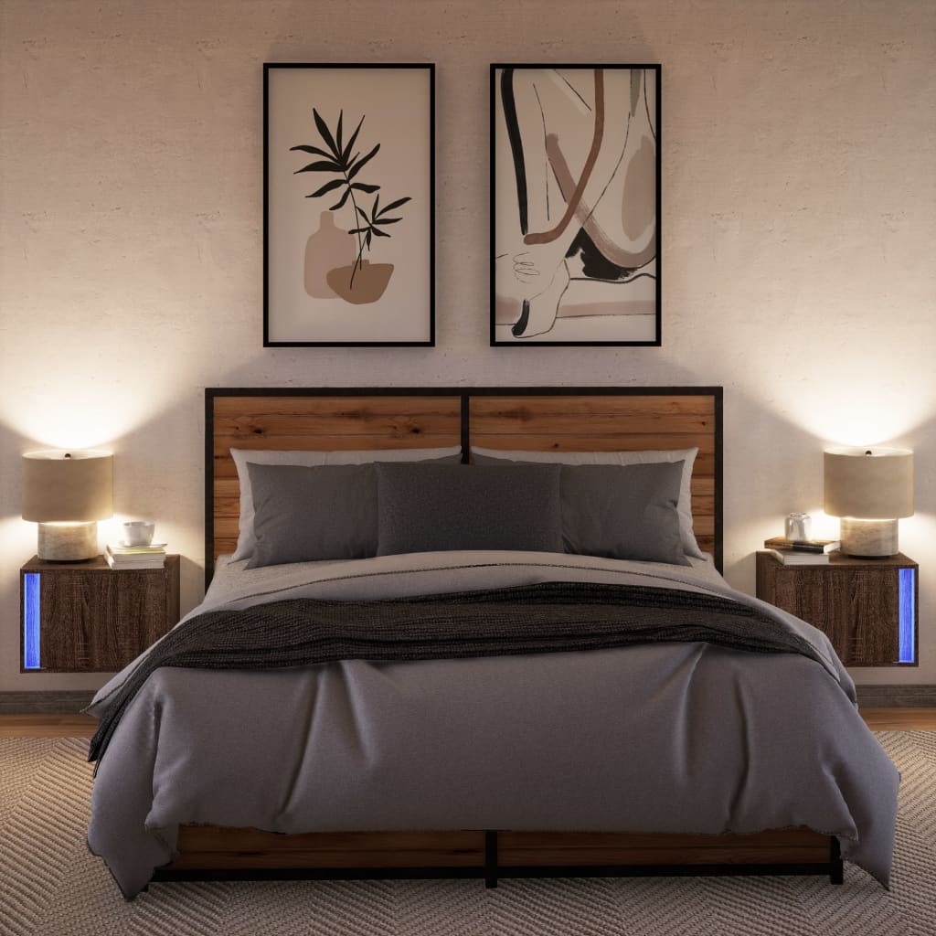 vidaXL Wiszące szafki nocne z LED, 2 szt., brązowy dąb