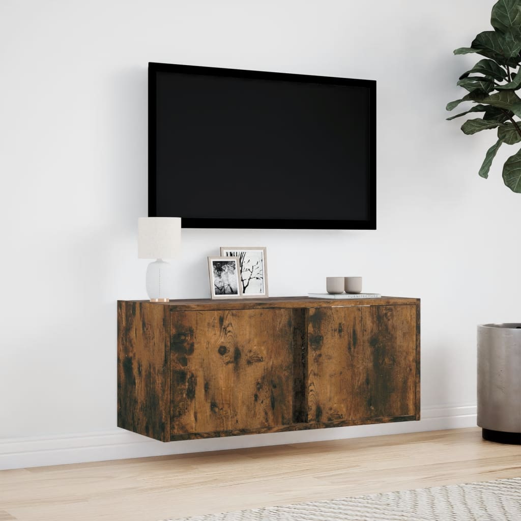 vidaXL Ścienna szafka TV z LED, przydymiony dąb, 80x31x35 cm