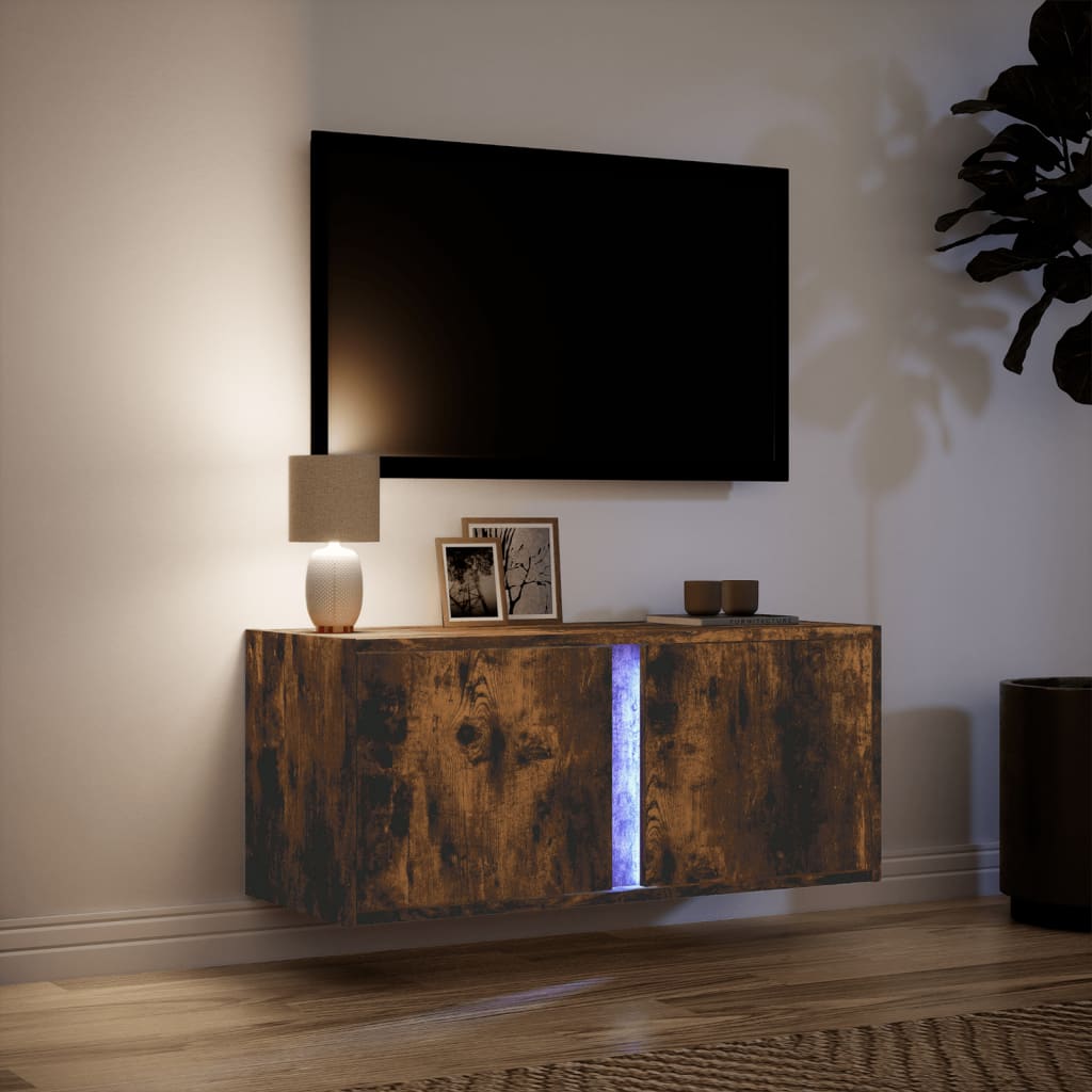 vidaXL Ścienna szafka TV z LED, przydymiony dąb, 80x31x35 cm