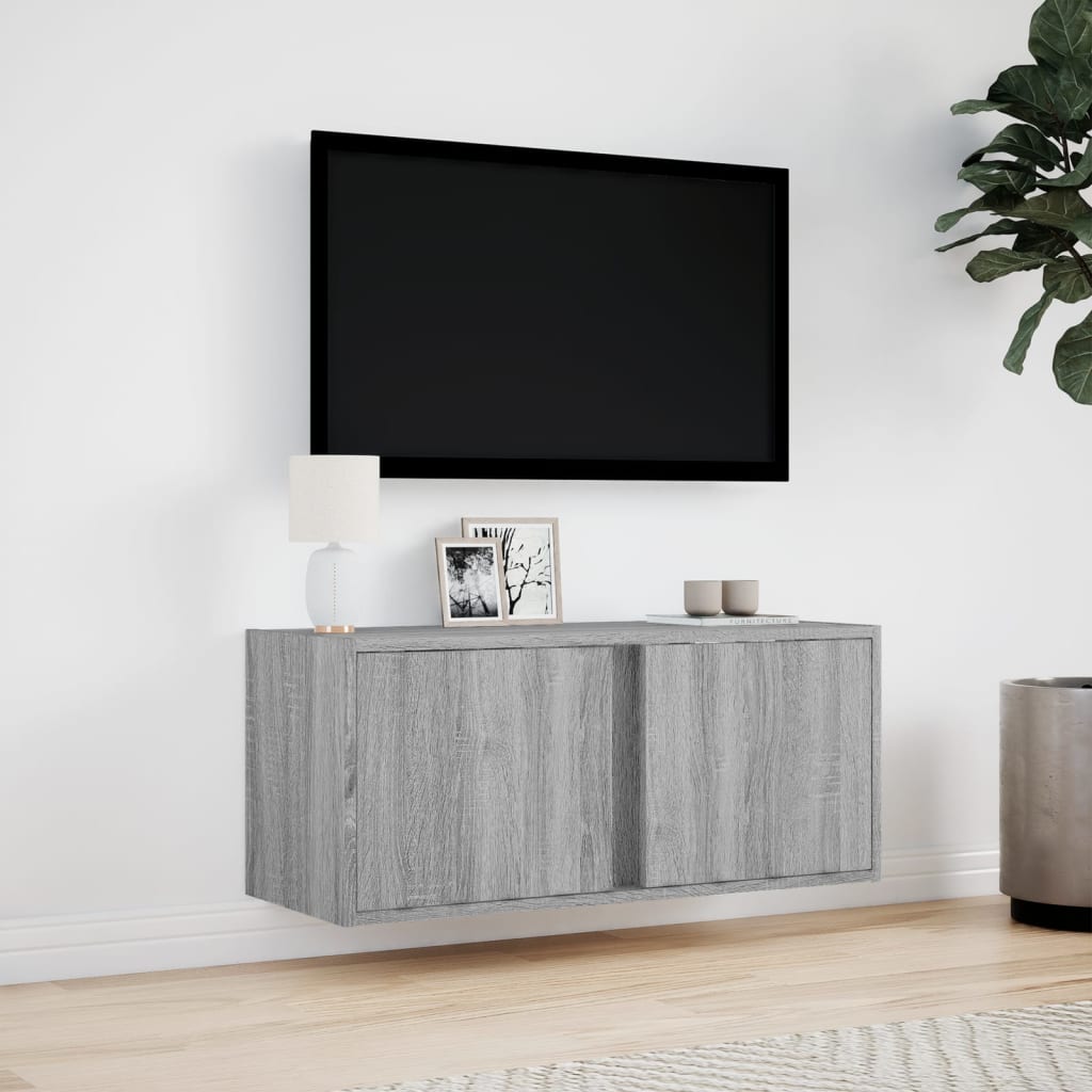 vidaXL Ścienna szafka TV z LED, szary dąb sonoma, 80x31x35 cm