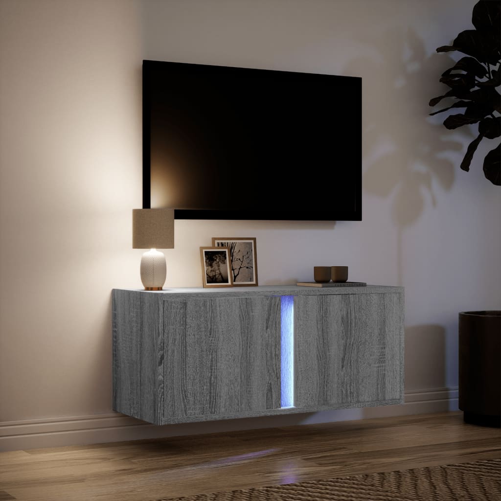 vidaXL Ścienna szafka TV z LED, szary dąb sonoma, 80x31x35 cm