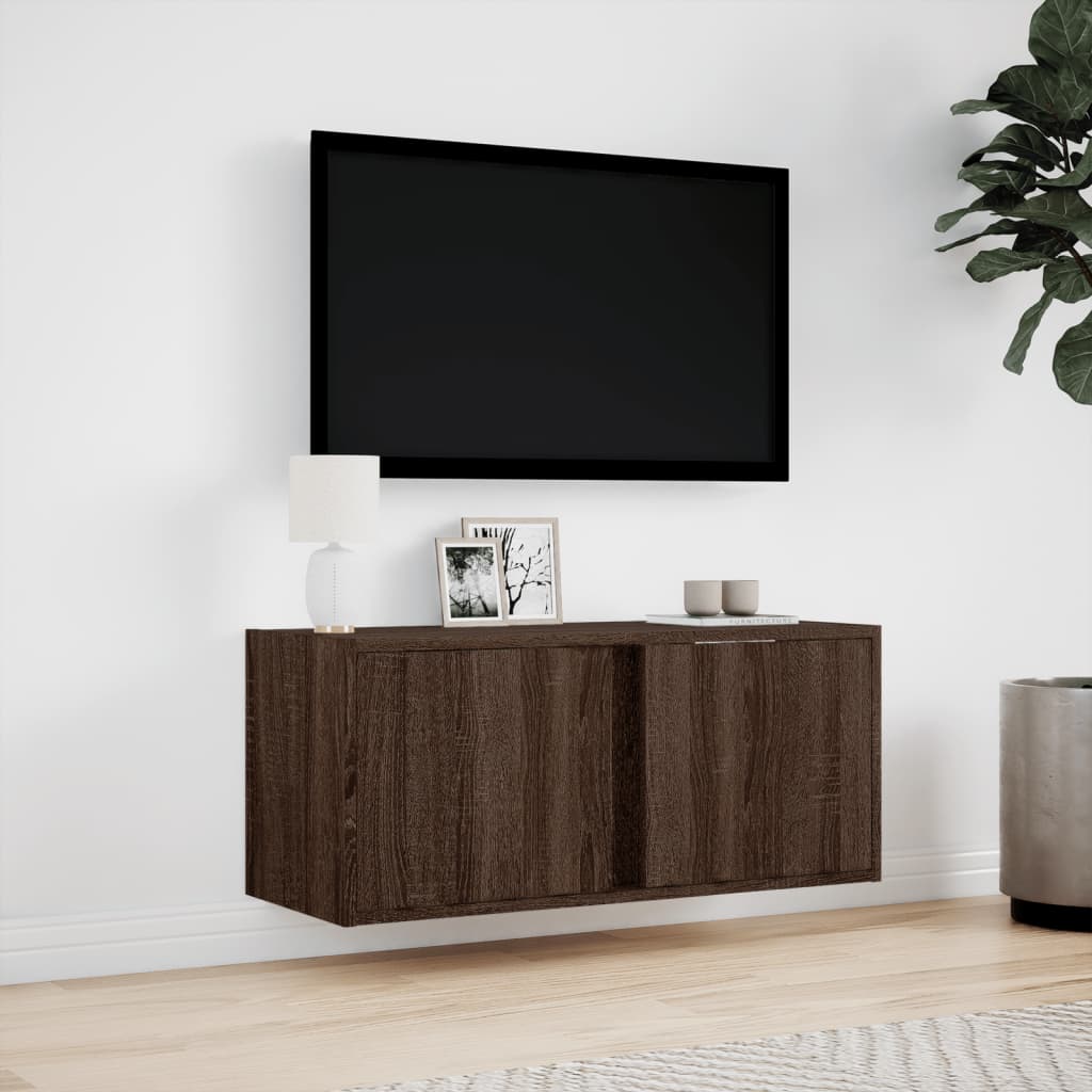 vidaXL Ścienna szafka TV z LED, brązowy dąb, 80x31x35 cm