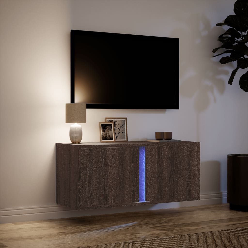 vidaXL Ścienna szafka TV z LED, brązowy dąb, 80x31x35 cm
