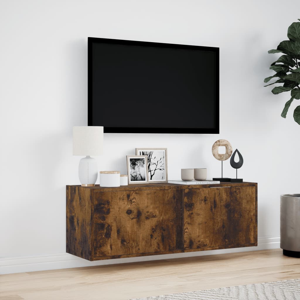 vidaXL Ścienna szafka TV z LED, przydymiony dąb, 100x31x35 cm