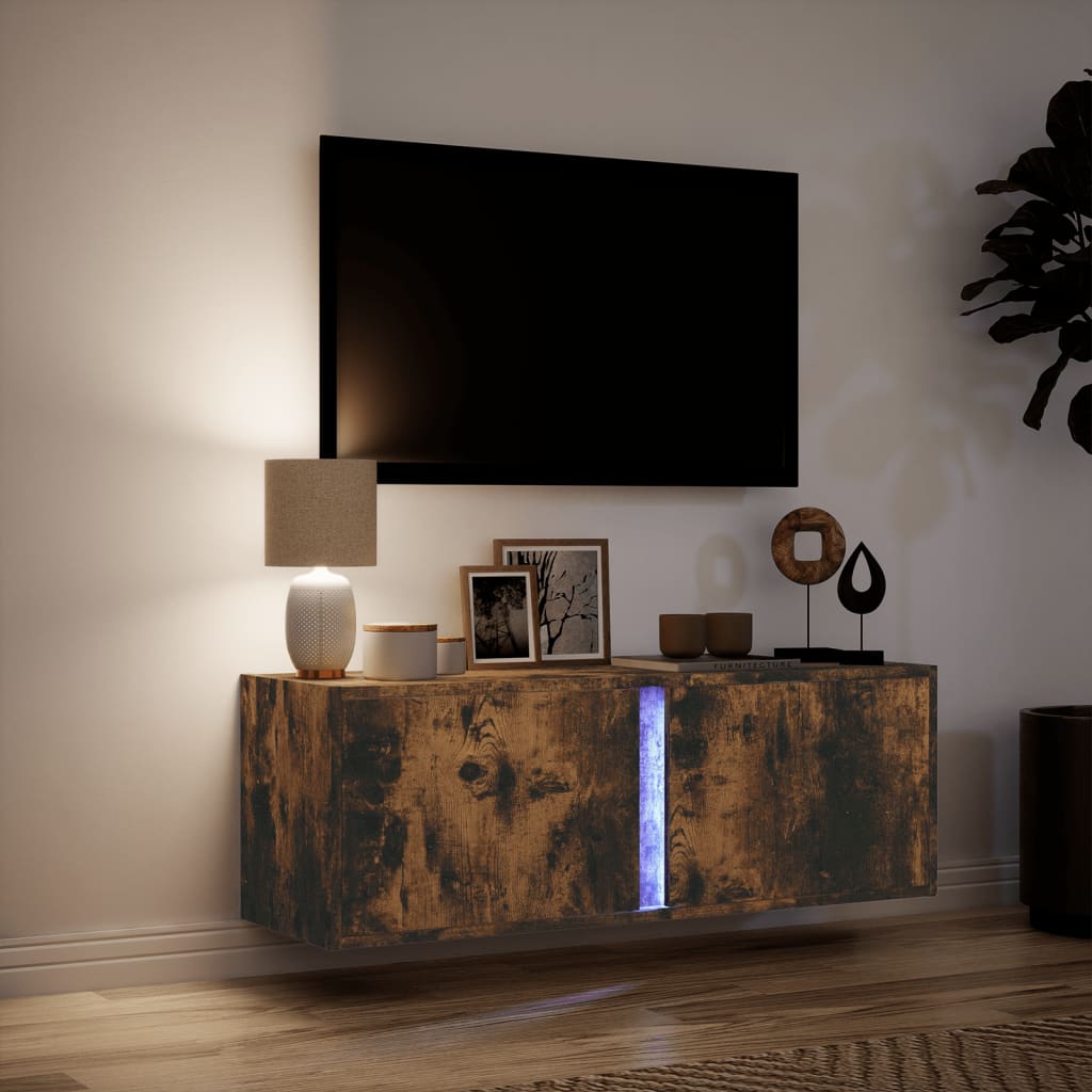 vidaXL Ścienna szafka TV z LED, przydymiony dąb, 100x31x35 cm