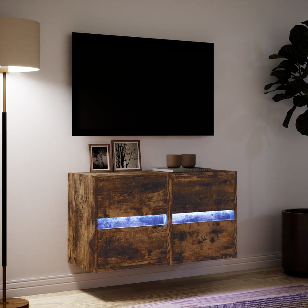 vidaXL Ścienne szafki TV z LED, 2 szt., przydymiony dąb, 41x31x45 cm