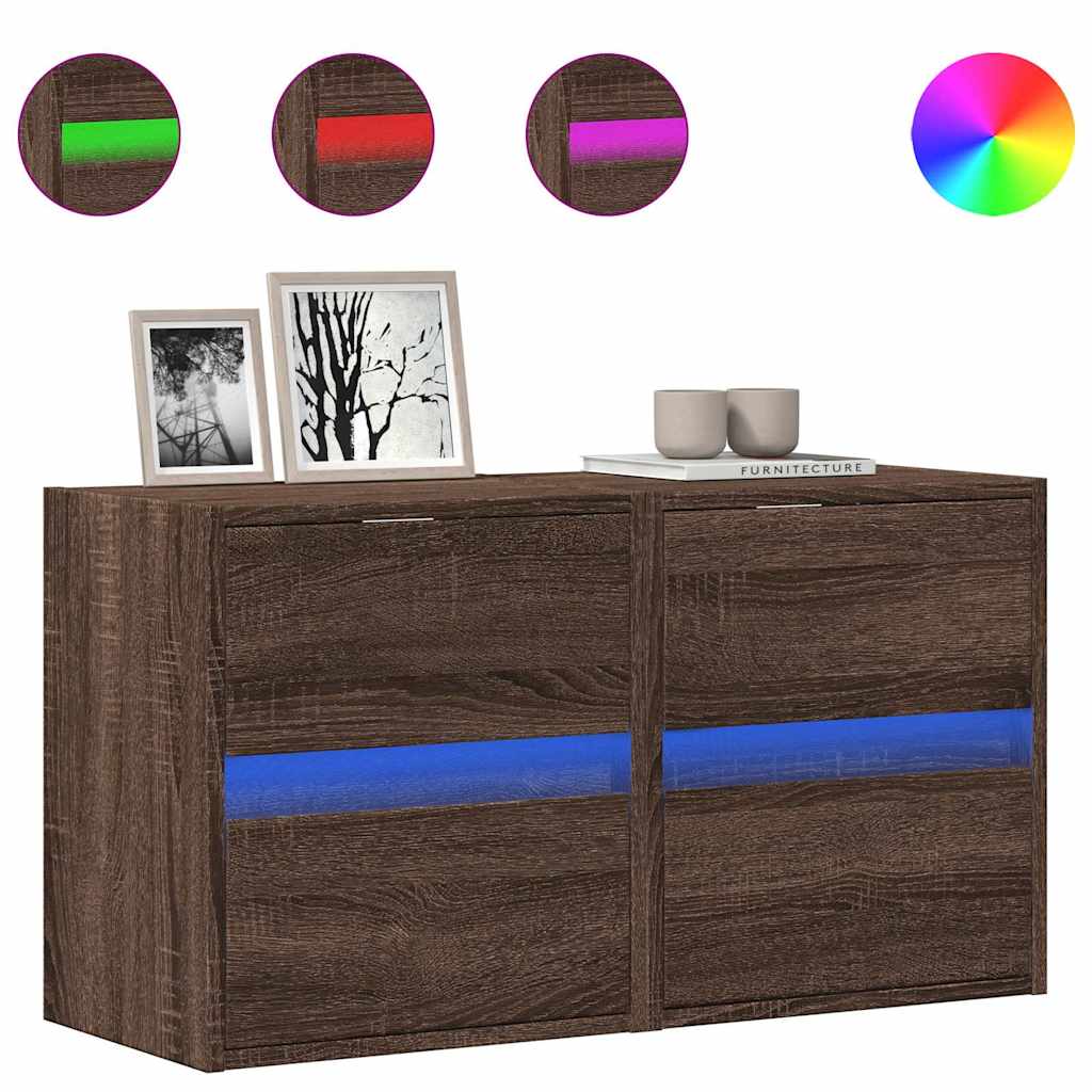 vidaXL Ścienne szafki TV z LED, 2 szt., brązowy dąb, 41x31x45 cm
