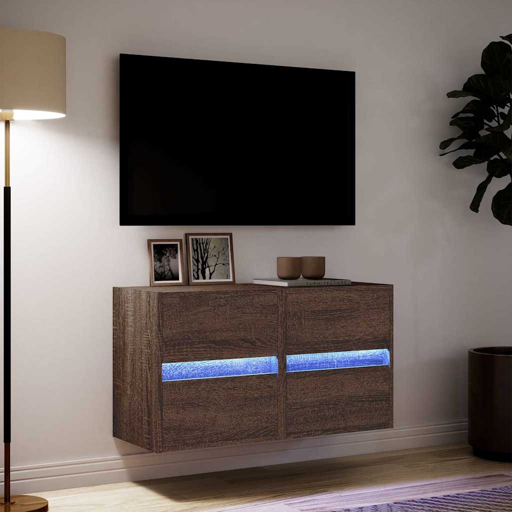 vidaXL Ścienne szafki TV z LED, 2 szt., brązowy dąb, 41x31x45 cm