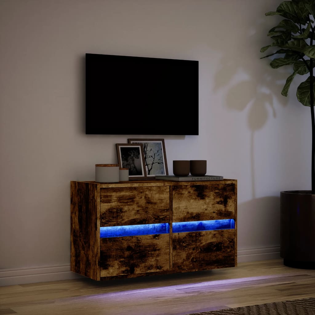 vidaXL Ścienna szafka TV z LED, przydymiony dąb, 80x31x45 cm