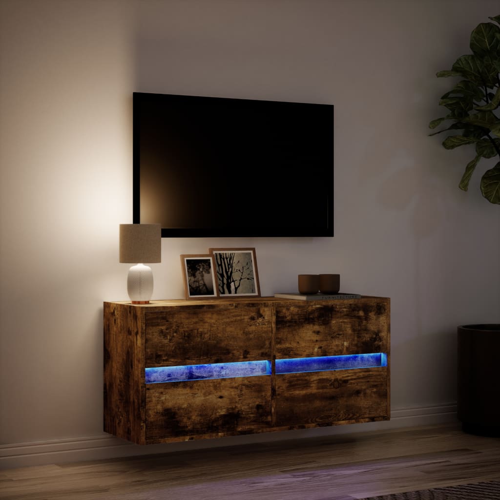 vidaXL Ścienna szafka TV z LED, przydymiony dąb, 100x31x45 cm