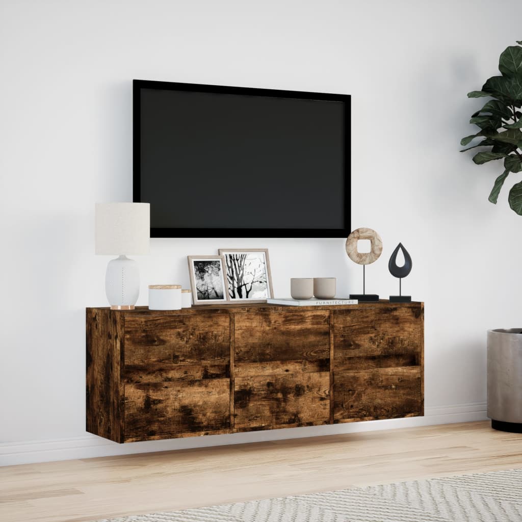 vidaXL Ścienna szafka TV z LED, przydymiony dąb, 130x31x45 cm