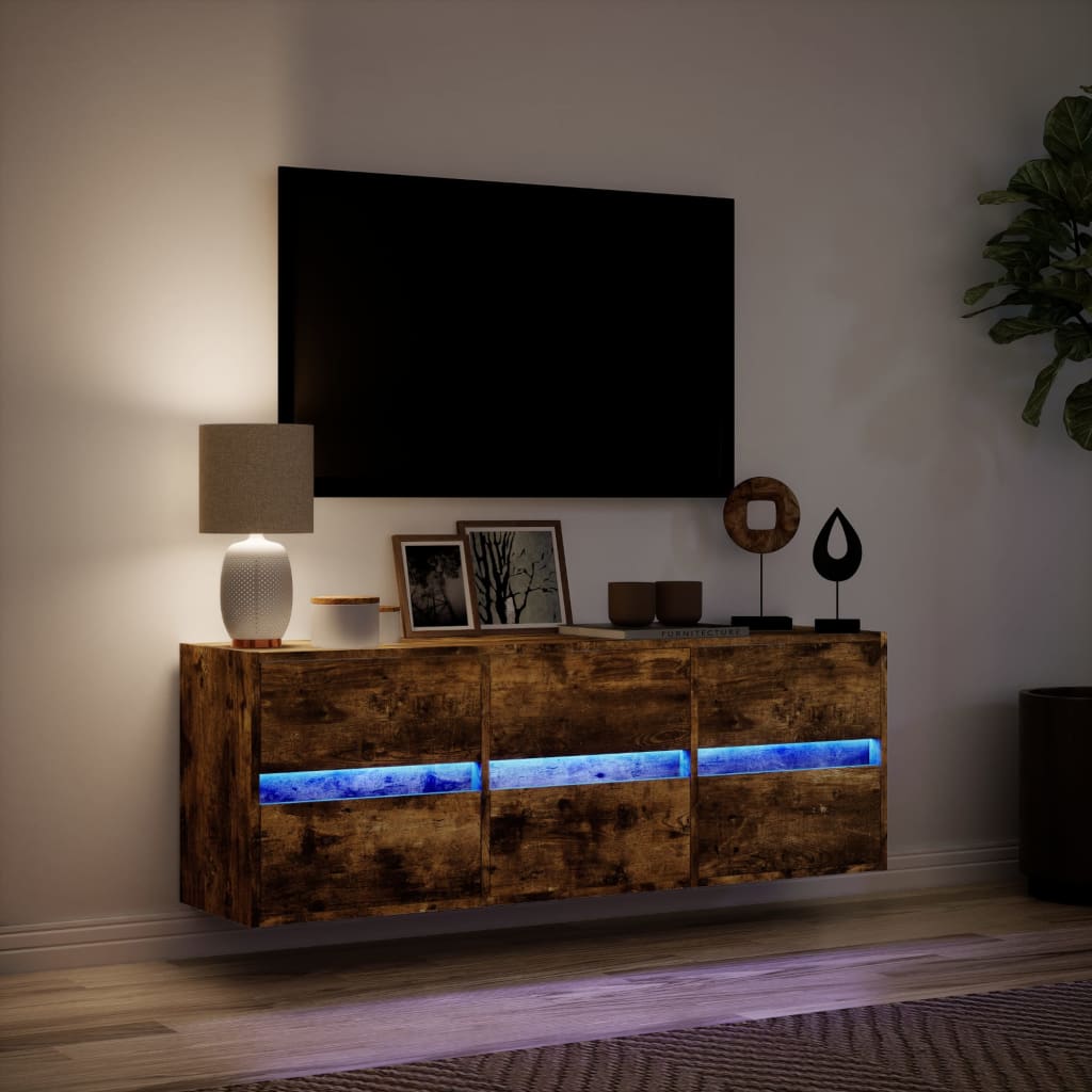 vidaXL Ścienna szafka TV z LED, przydymiony dąb, 130x31x45 cm