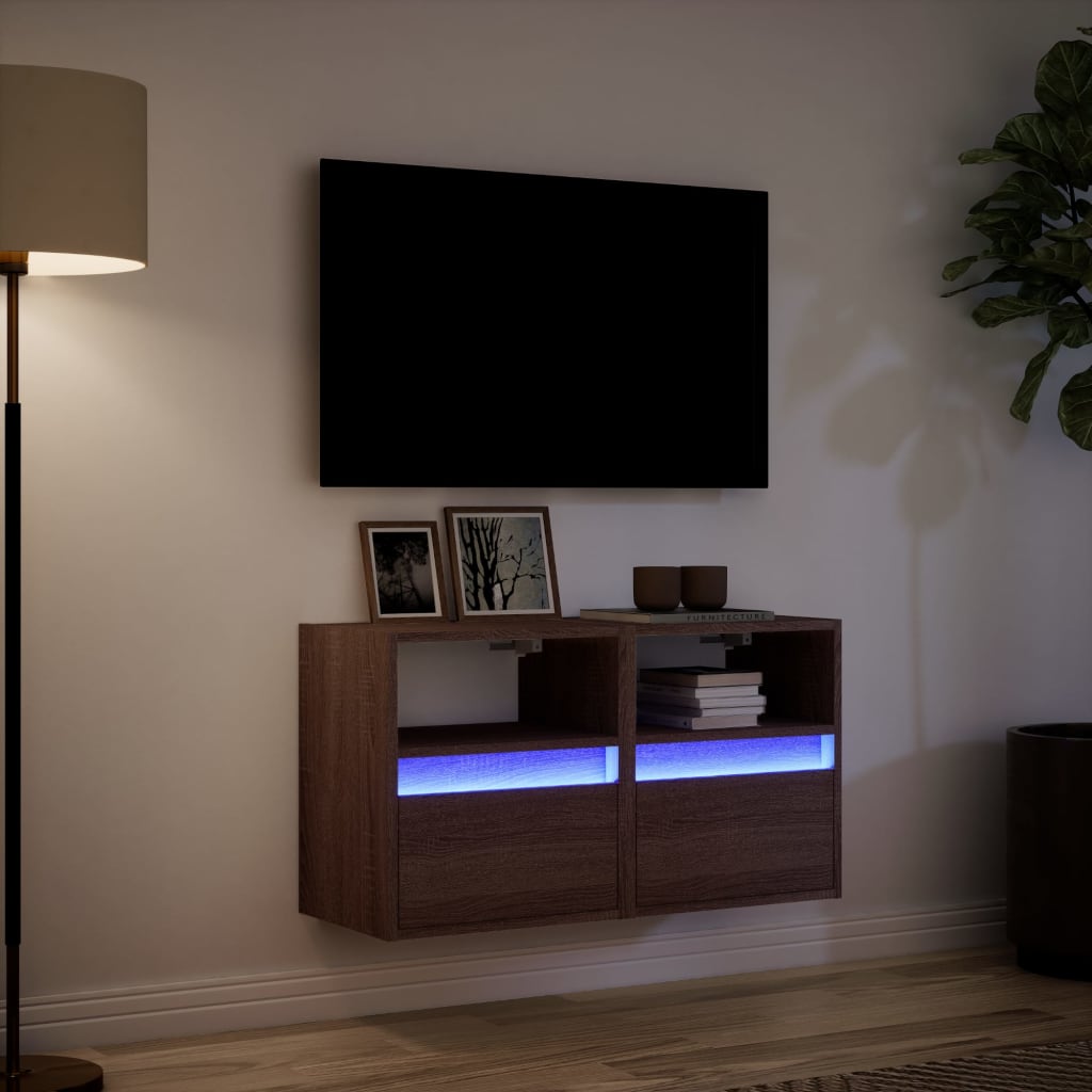 vidaXL Ścienne szafki TV z LED, 2 szt., brązowy dąb, 41x31x45 cm