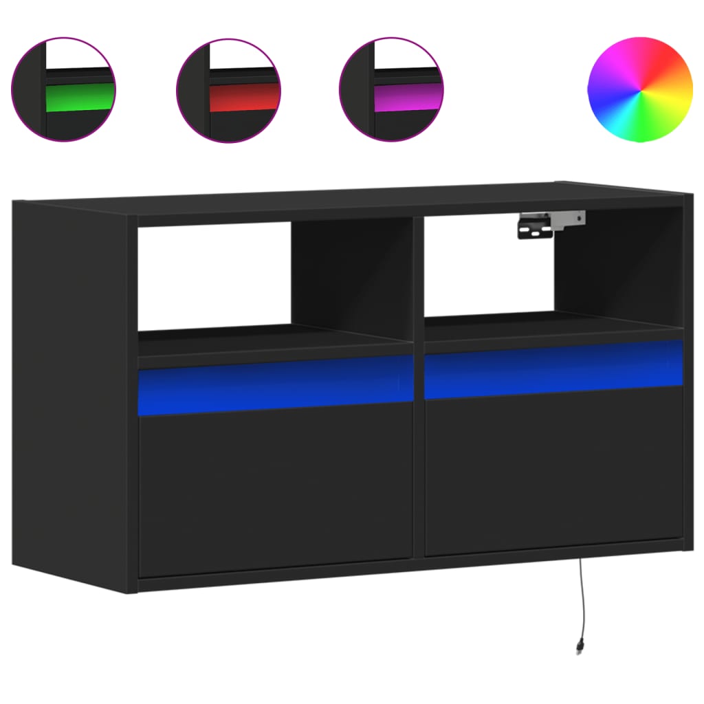 vidaXL Ścienna szafka TV z LED, czarna, 80x31x45 cm