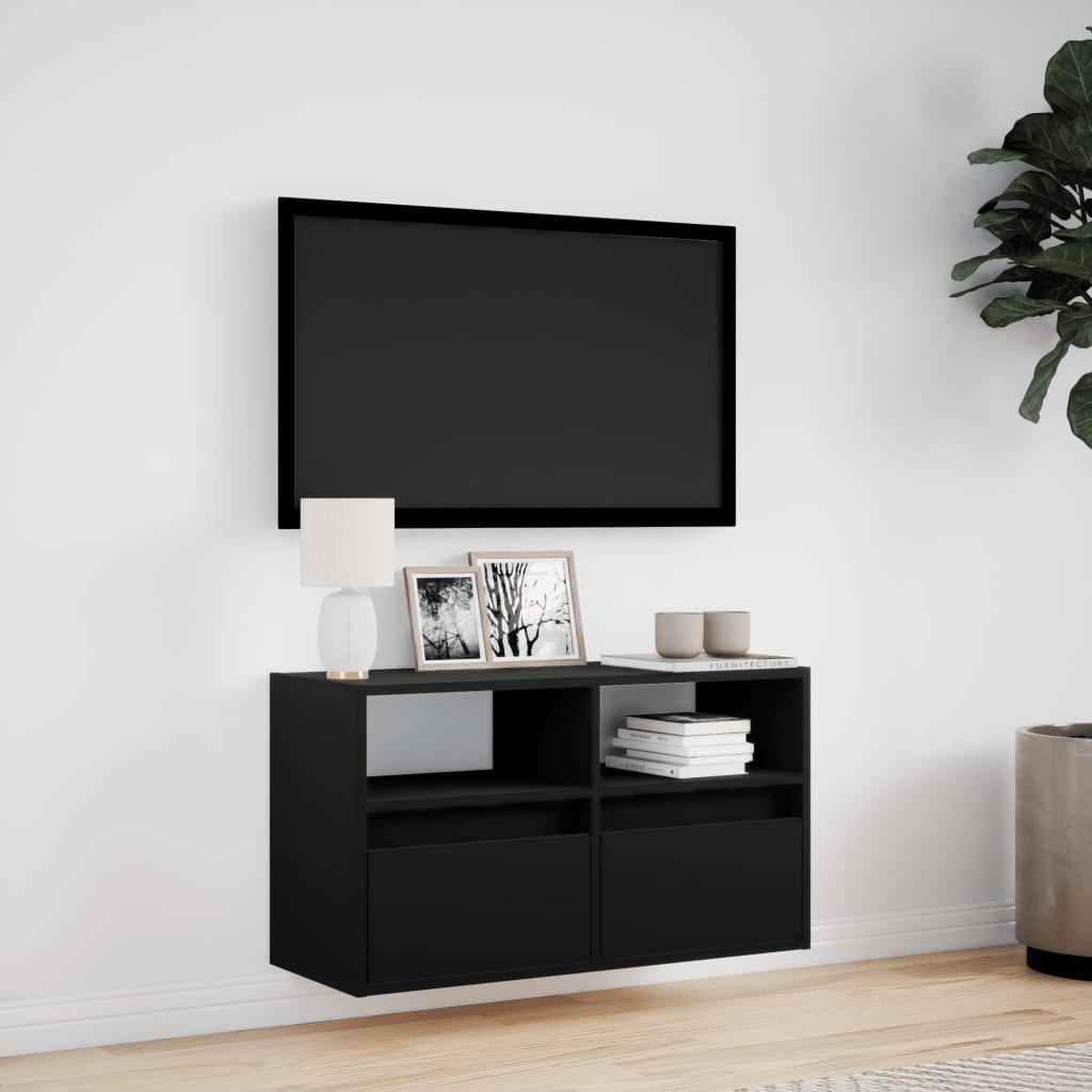 vidaXL Ścienna szafka TV z LED, czarna, 80x31x45 cm
