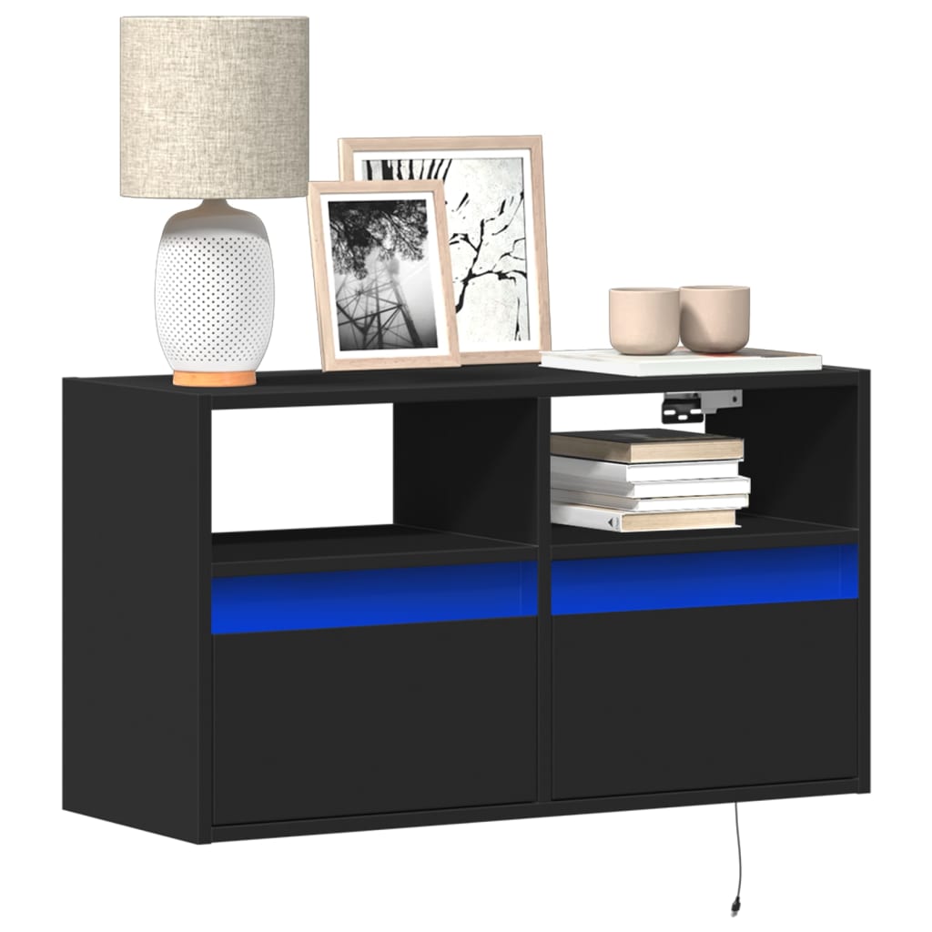vidaXL Ścienna szafka TV z LED, czarna, 80x31x45 cm
