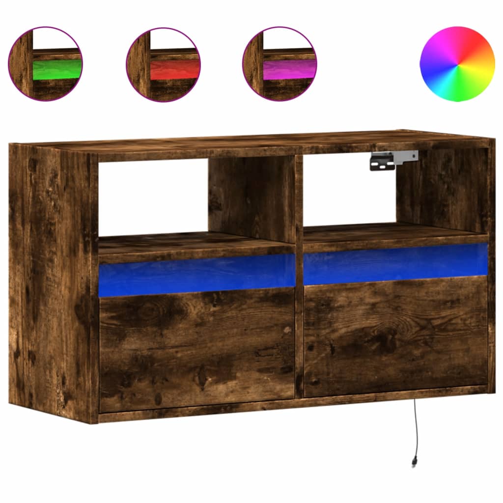 vidaXL Ścienna szafka TV z LED, przydymiony dąb, 80x31x45 cm