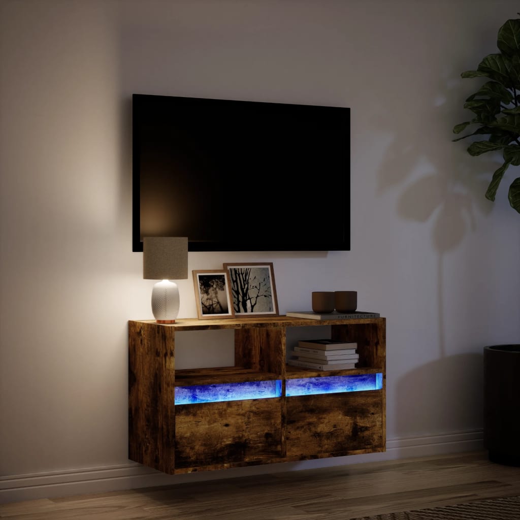 vidaXL Ścienna szafka TV z LED, przydymiony dąb, 80x31x45 cm