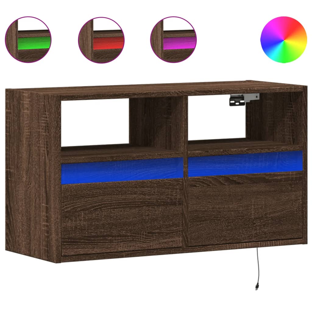 vidaXL Ścienna szafka TV z LED, brązowy dąb, 80x31x45 cm