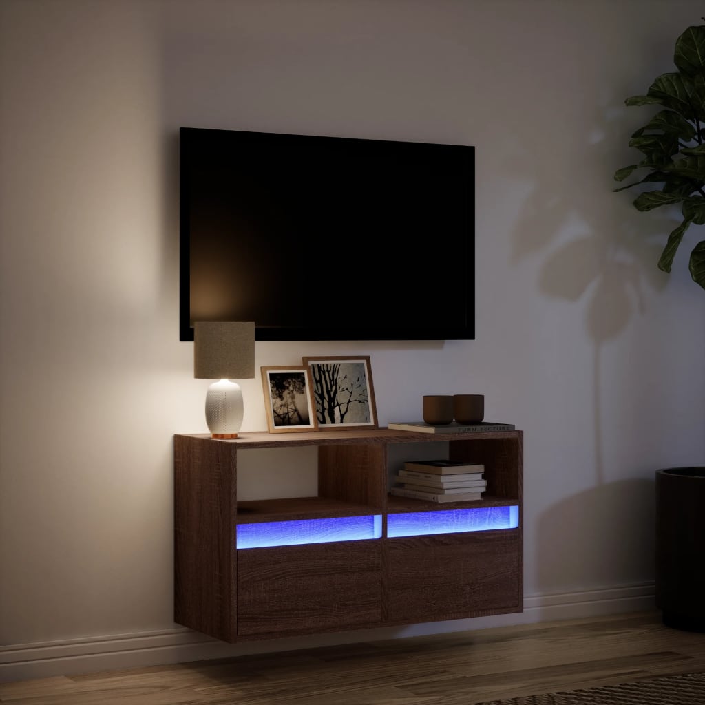 vidaXL Ścienna szafka TV z LED, brązowy dąb, 80x31x45 cm