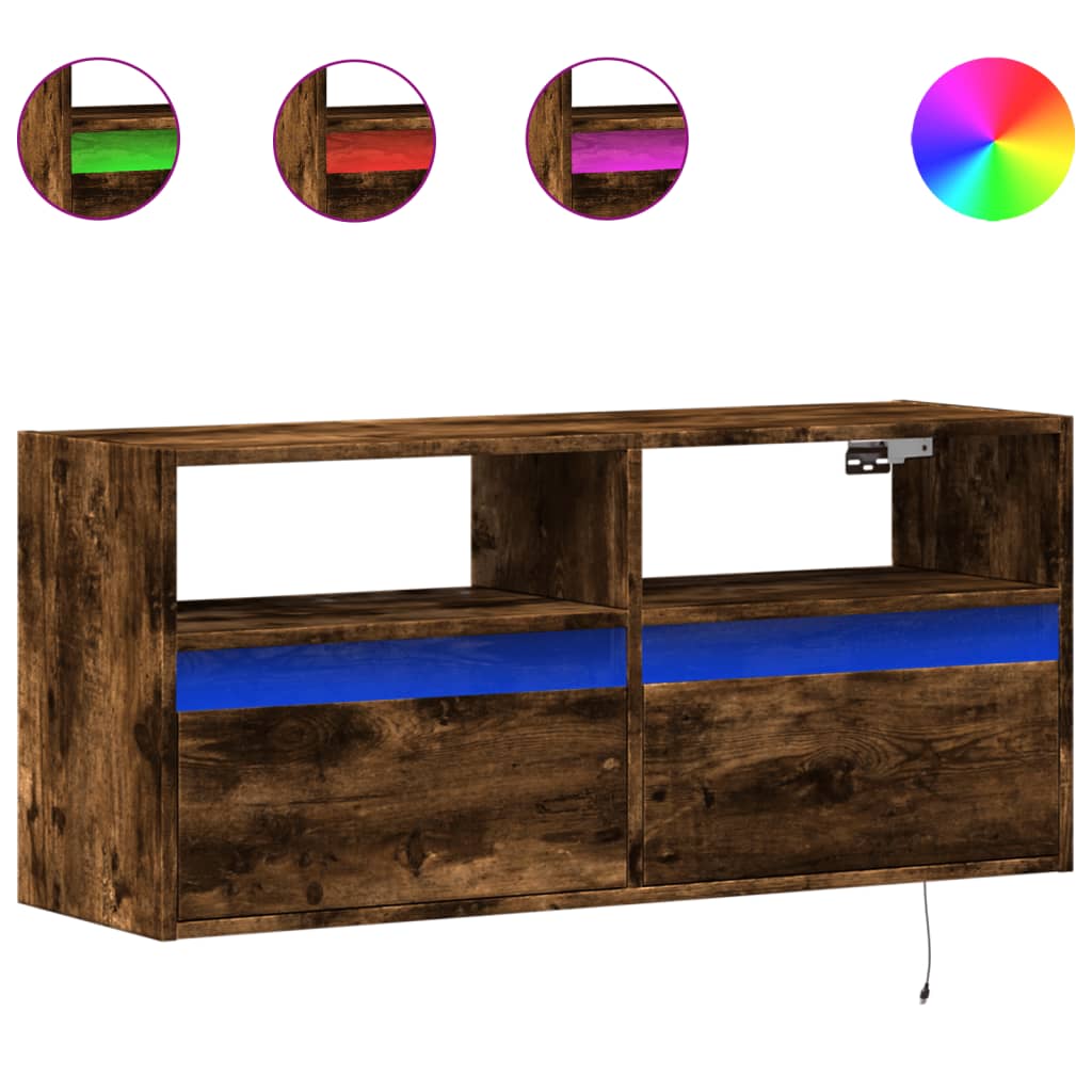 vidaXL Ścienna szafka TV z LED, przydymiony dąb, 100x31x45 cm