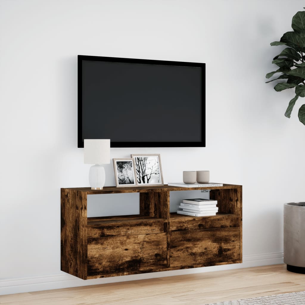vidaXL Ścienna szafka TV z LED, przydymiony dąb, 100x31x45 cm