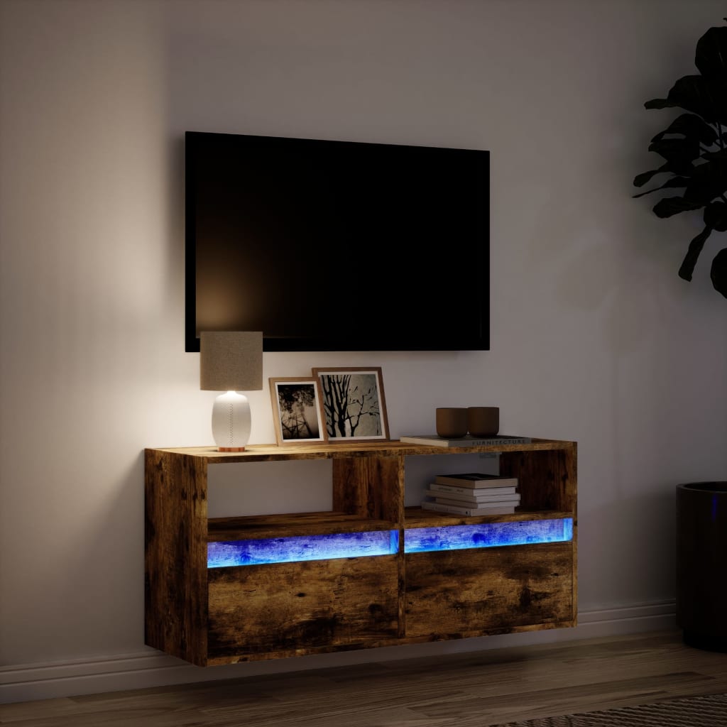 vidaXL Ścienna szafka TV z LED, przydymiony dąb, 100x31x45 cm