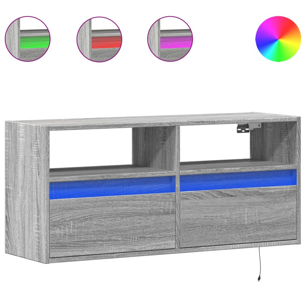 vidaXL Ścienna szafka TV z LED, szary dąb sonoma, 100x31x45 cm