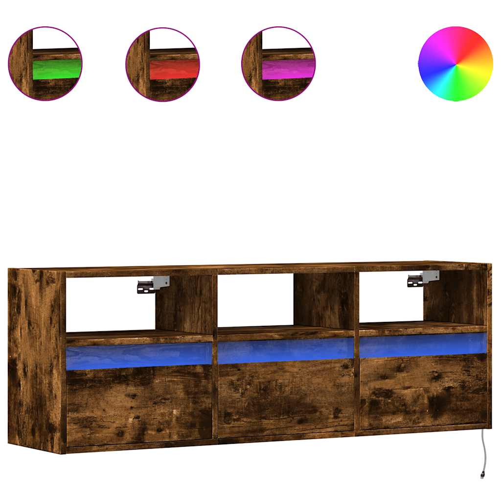 vidaXL Ścienna szafka TV z LED, przydymiony dąb, 130x31x45 cm