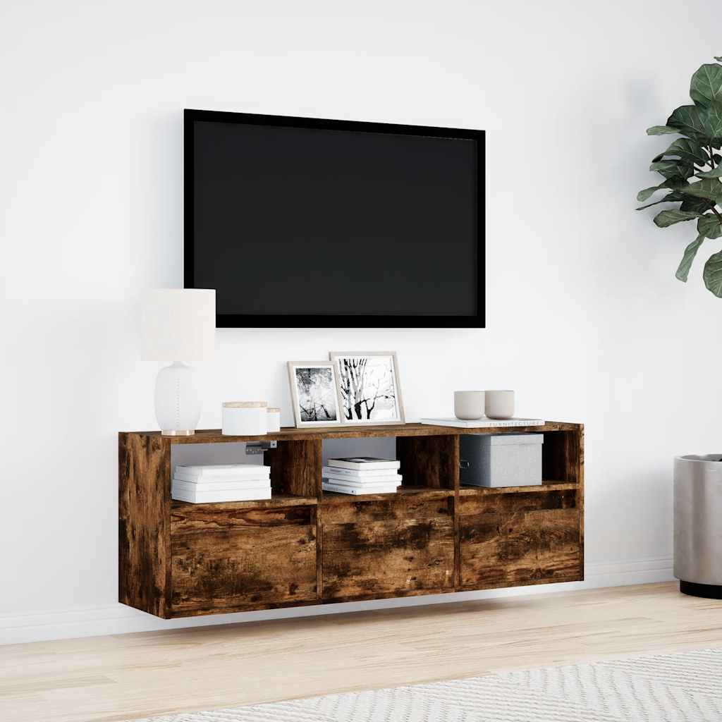 vidaXL Ścienna szafka TV z LED, przydymiony dąb, 130x31x45 cm