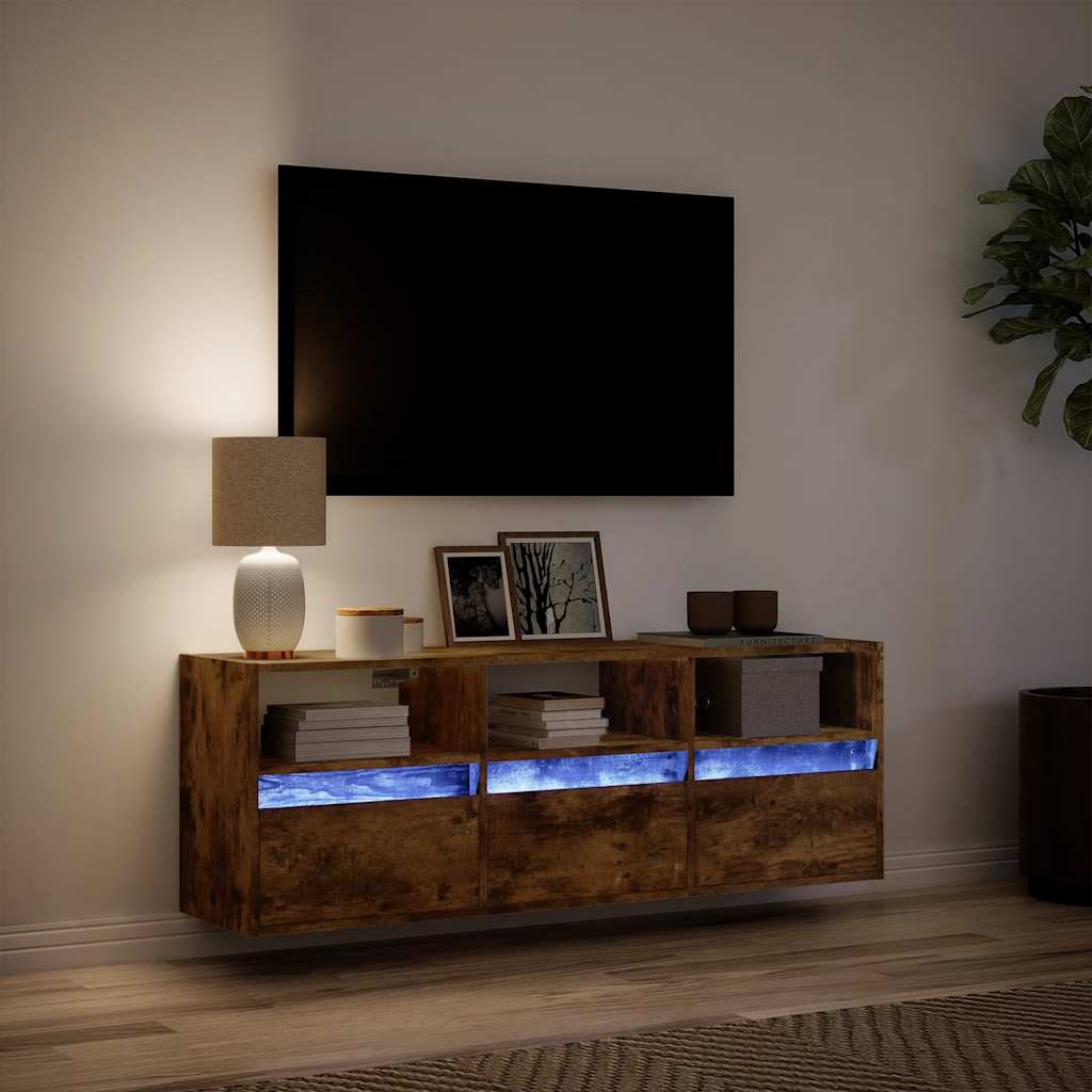 vidaXL Ścienna szafka TV z LED, przydymiony dąb, 130x31x45 cm