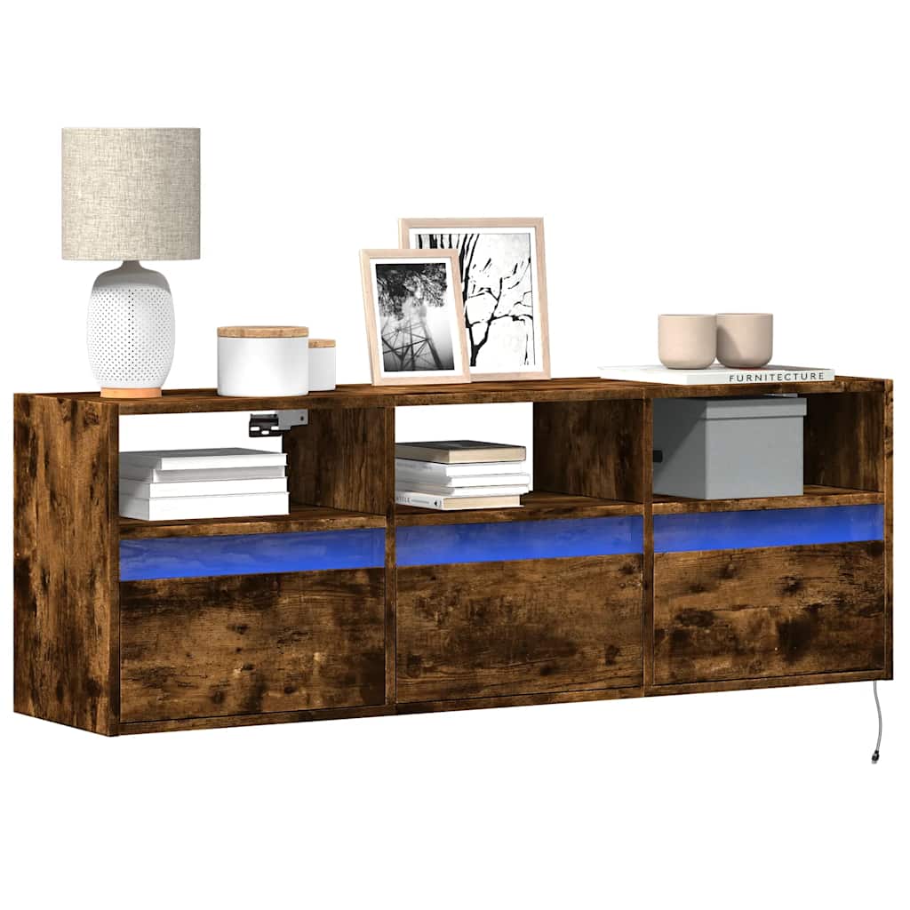 vidaXL Ścienna szafka TV z LED, przydymiony dąb, 130x31x45 cm