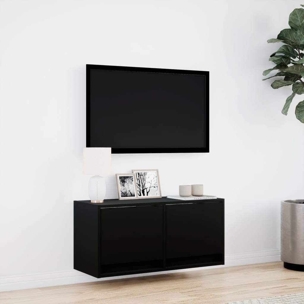 vidaXL Ścienna szafka TV z LED, czarna, 80x31x35 cm
