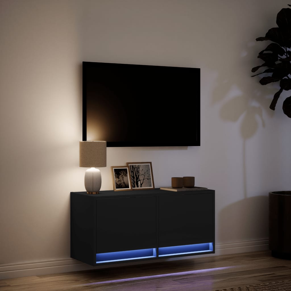 vidaXL Ścienna szafka TV z LED, czarna, 80x31x35 cm