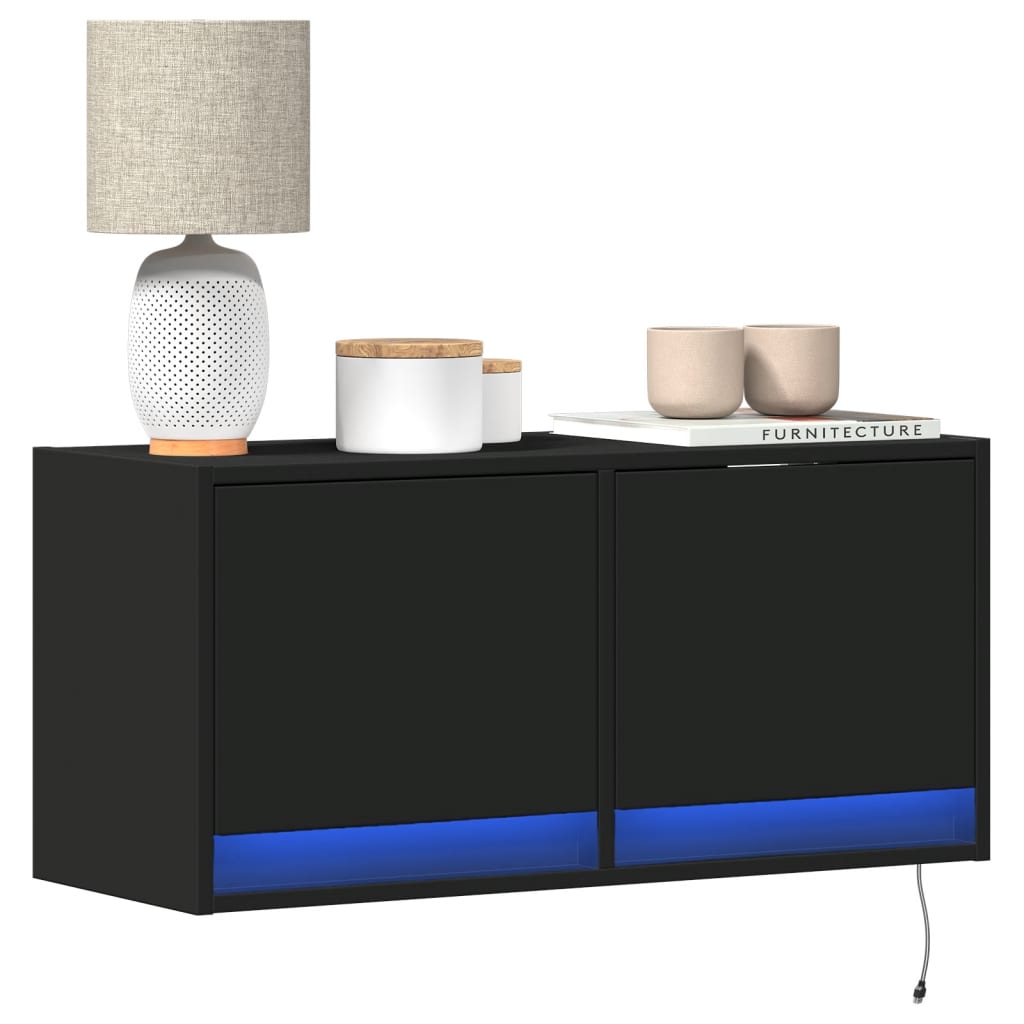 vidaXL Ścienna szafka TV z LED, czarna, 80x31x35 cm