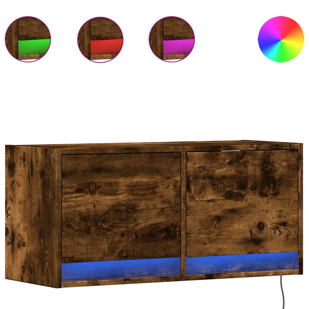 vidaXL Ścienna szafka TV z LED, przydymiony dąb, 80x31x35 cm