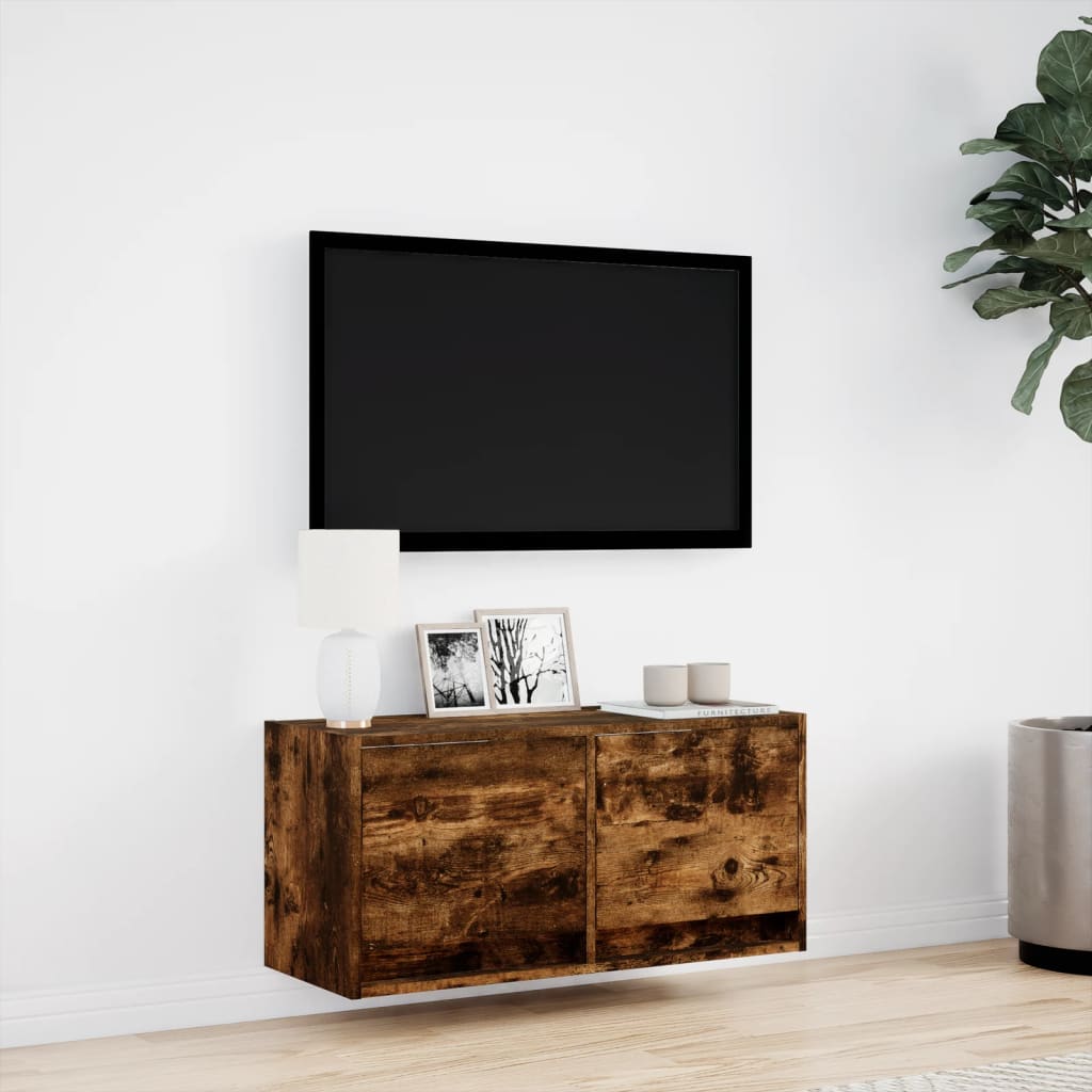 vidaXL Ścienna szafka TV z LED, przydymiony dąb, 80x31x35 cm