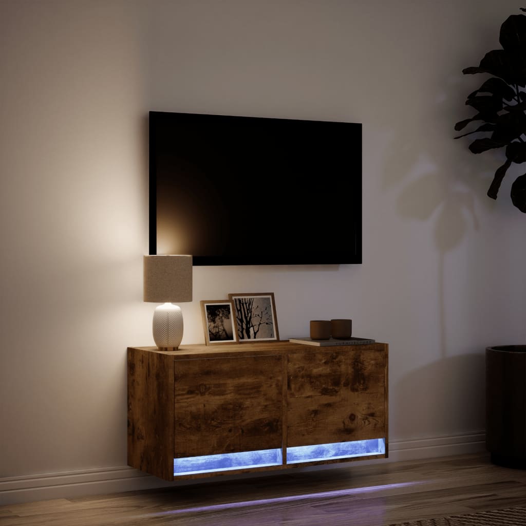 vidaXL Ścienna szafka TV z LED, przydymiony dąb, 80x31x35 cm