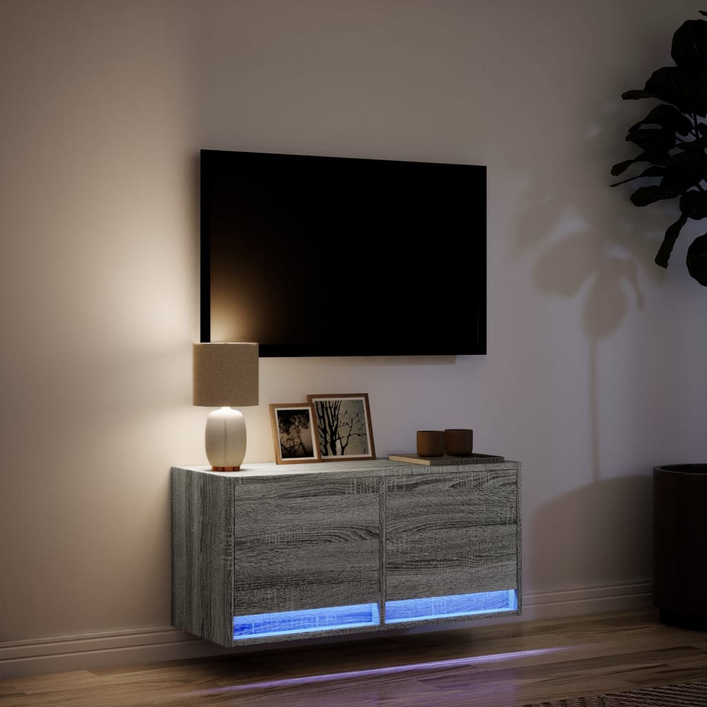 vidaXL Ścienna szafka TV z LED, szary dąb sonoma, 80x31x35 cm