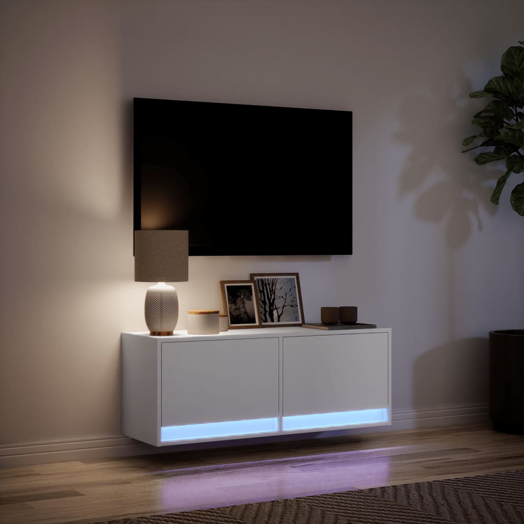 vidaXL Ścienna szafka TV z LED, biała, 100x31x35 cm