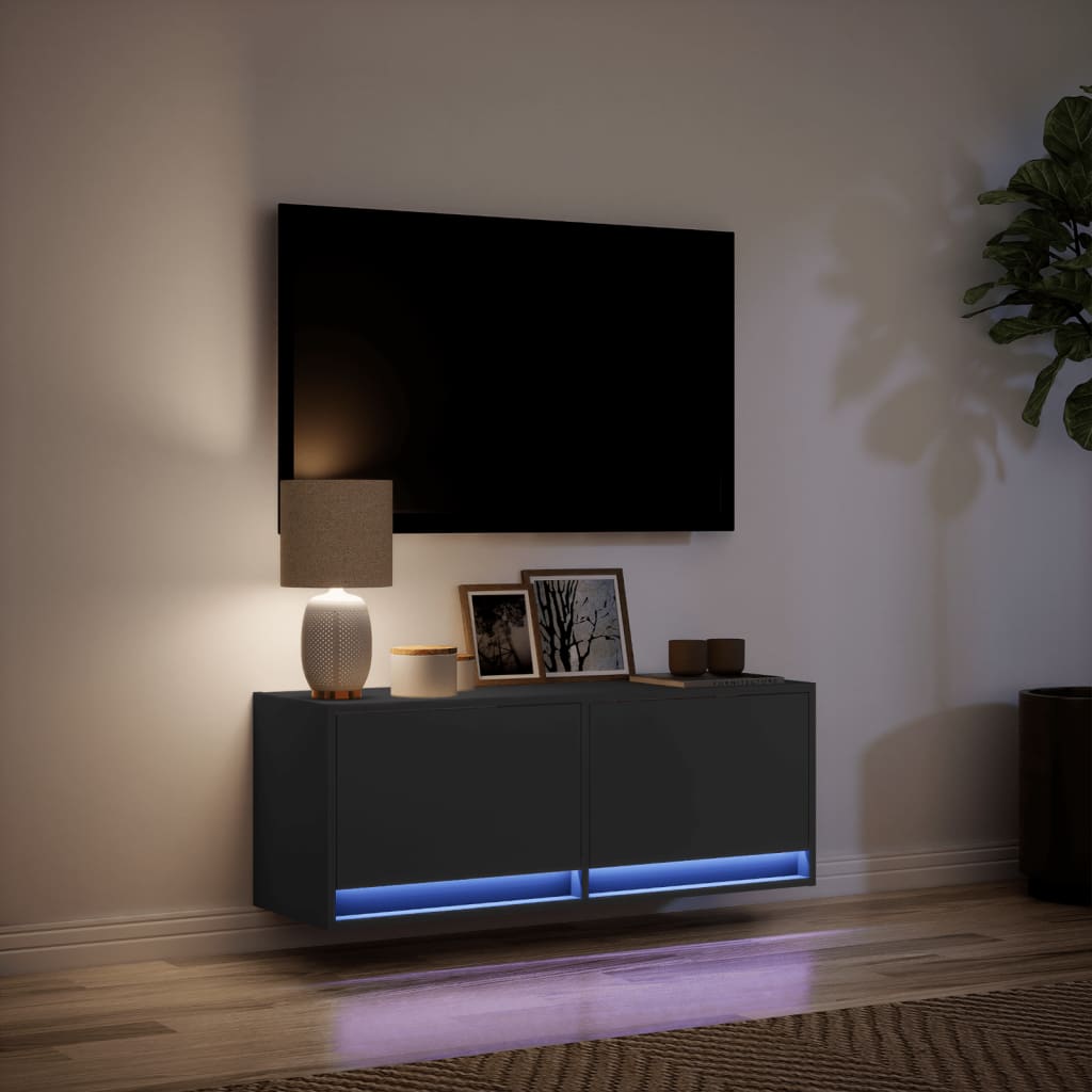 vidaXL Ścienna szafka TV z LED, czarna, 100x31x35 cm