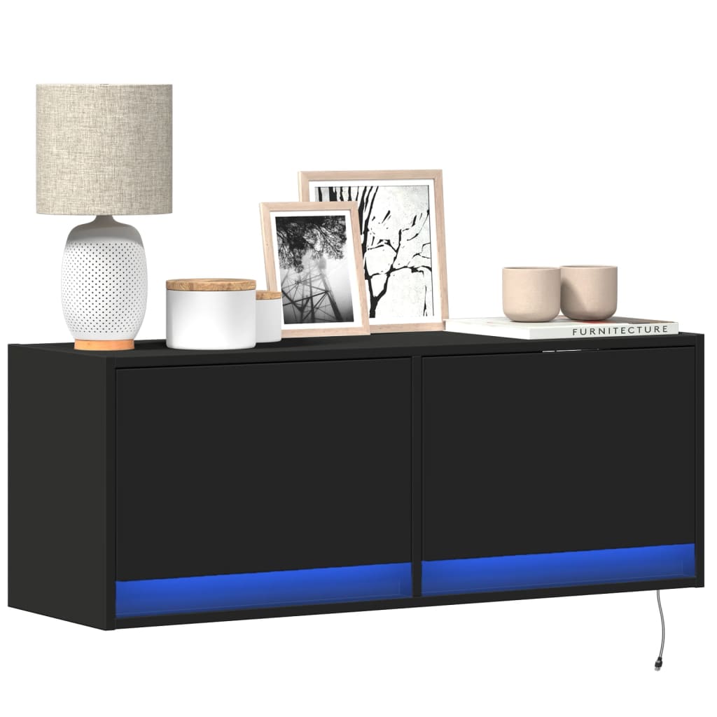 vidaXL Ścienna szafka TV z LED, czarna, 100x31x35 cm