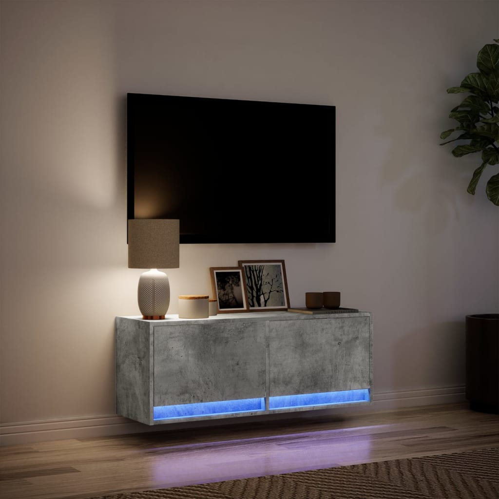 vidaXL Ścienna szafka TV z LED, szarość betonu, 100x31x35 cm